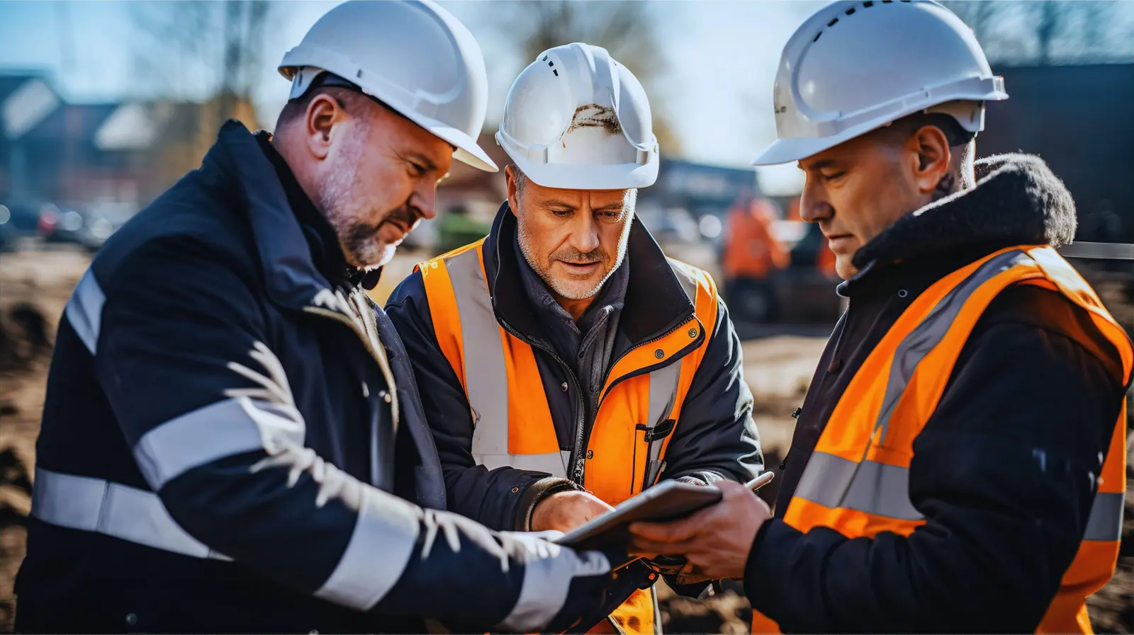 Construction crew reviewing a tablet